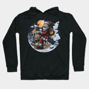 Santa Smoking and Riding Wooden Deer Hoodie